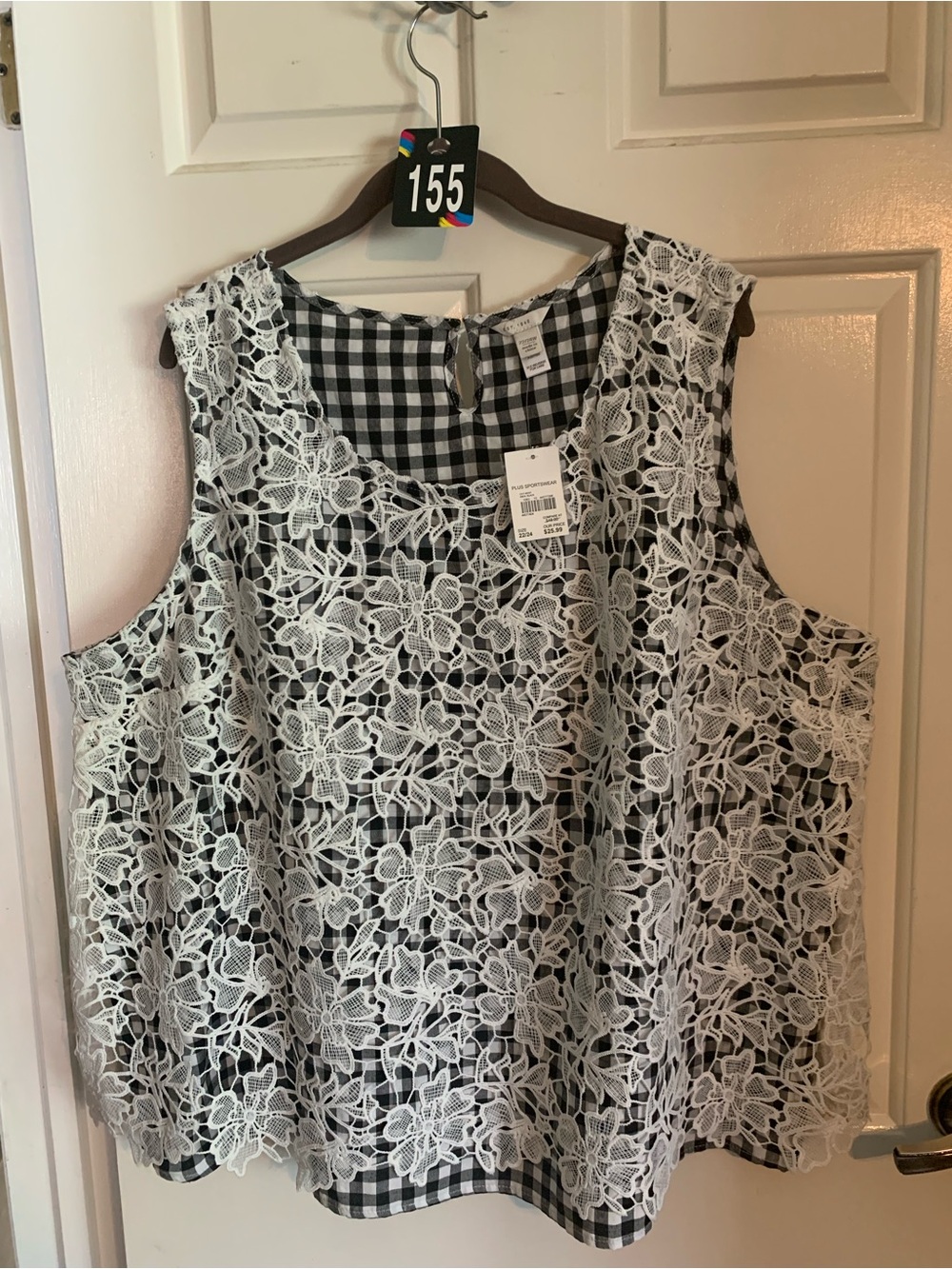 Gingham Tank Top with White Flower LaceTrim NWT